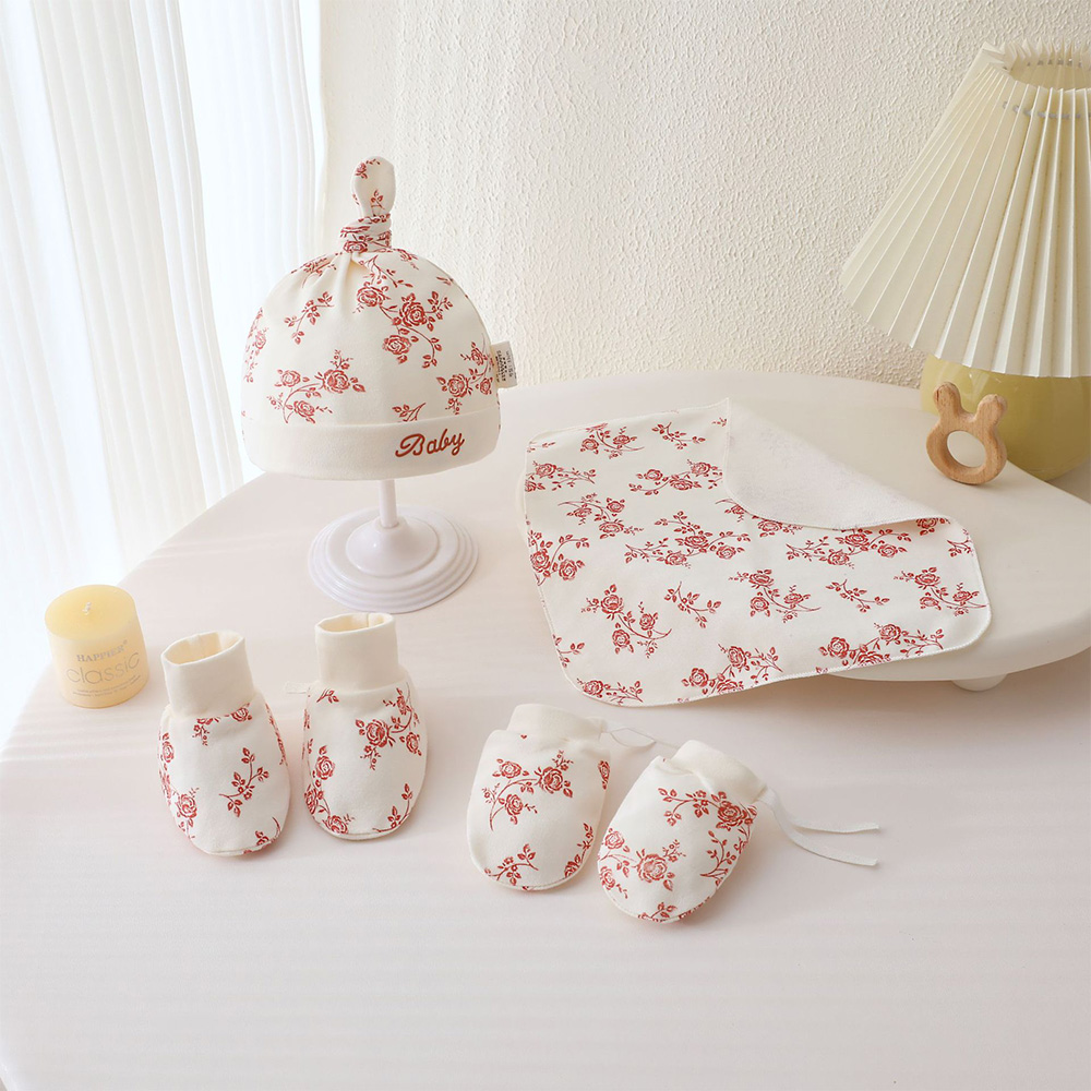 Baby Products Korean - 新生児の女の子＆男の子用帽子、手袋、靴下、ハンカチの4点セット、ベビー用100％綿製品